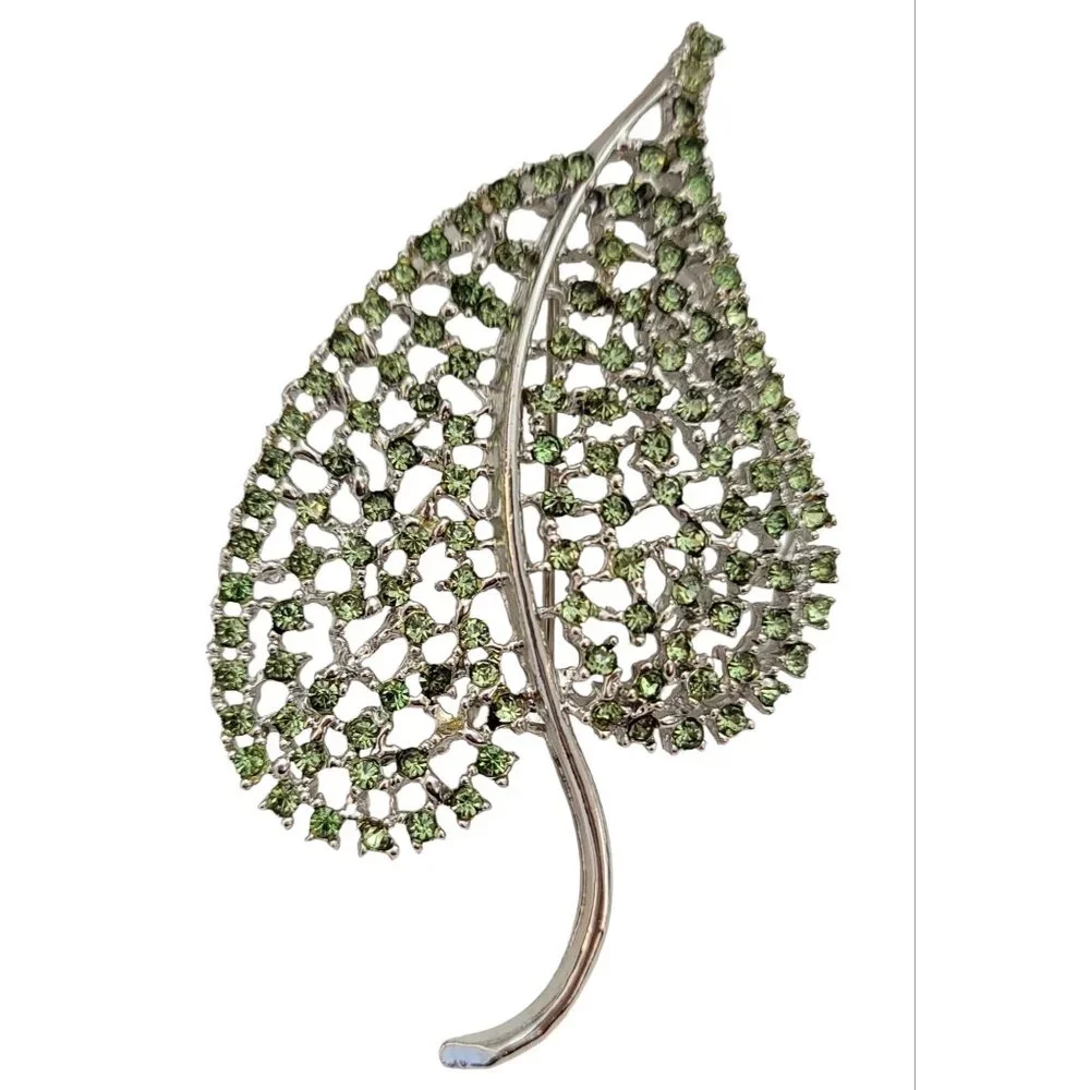 Dodds Silver Tone Green Rhinestone Statement Brooch Pin, Signed M846